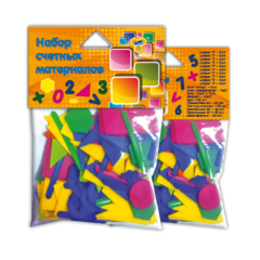 
          Набор счетных материалов, ПЧЕЛКА, пластик, 6 геомет. фигур, счет. палочки, цифры, мат. знаки, пакет с европодвесом
