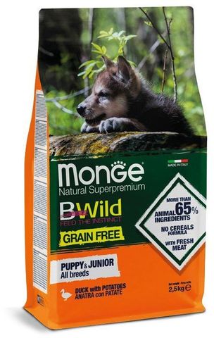 Monge Dog BWild GRAIN FREE беззерновой корм из мяса утки с картофелем для щенков всех пород 2,5 кг