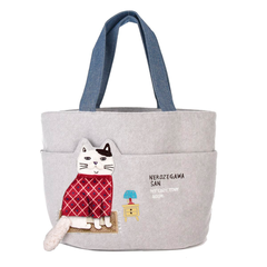 Женская сумка-тоут с нашивкой кота "NEKOZEGAWA", форма корзина/ведро, серый шелк, 24-7624-1, KUSUGURU