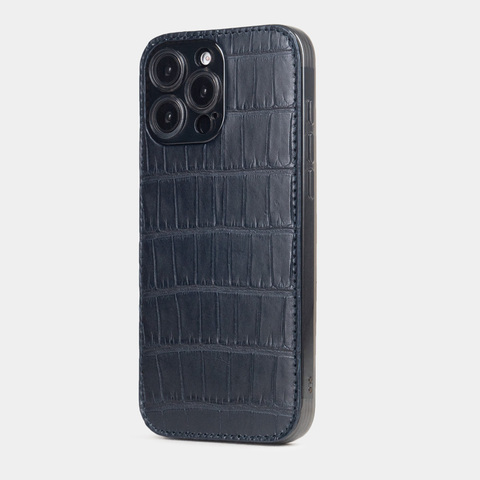 Чехол-накладка кожаная для iPhone 16 Pro Max, аллигатор синего цвета