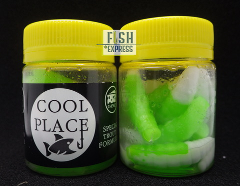 Форелевая силиконовая приманка COOL PLACE MAGGOT FLOATING STRETCH цвет ЗЕЛЁНЫЙ-БЕЛЫЙ 40 мм/ 10 шт в банке.