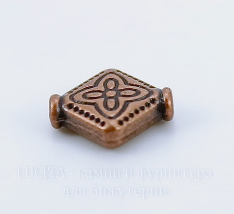 Бусина металлическая - ромб "Цветочек" 10х8 мм (цвет - античная медь), 10 штук