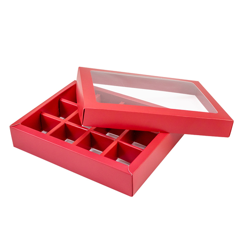 Коробка для 12 конфет с разделителями Красная с окном