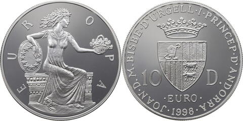 10 динаров. Европа Евро. Андорра 1998 год. PROOF