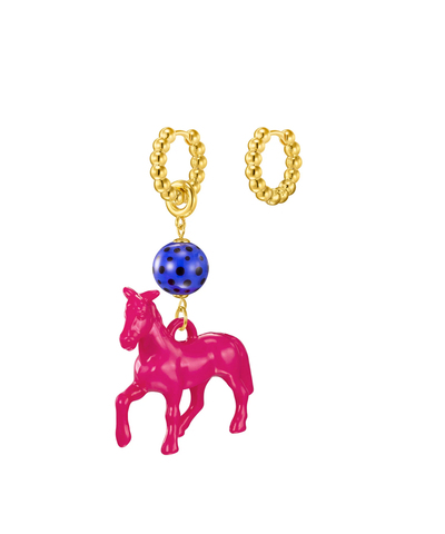 Cерьги с ярко-розовой лошадкой и синей бусиной Мурано