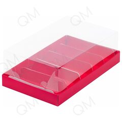 Коробка для эклеров и пирожных с прозрачным куполом и ложементами 220х135х70 мм (красная матовая), 10шт