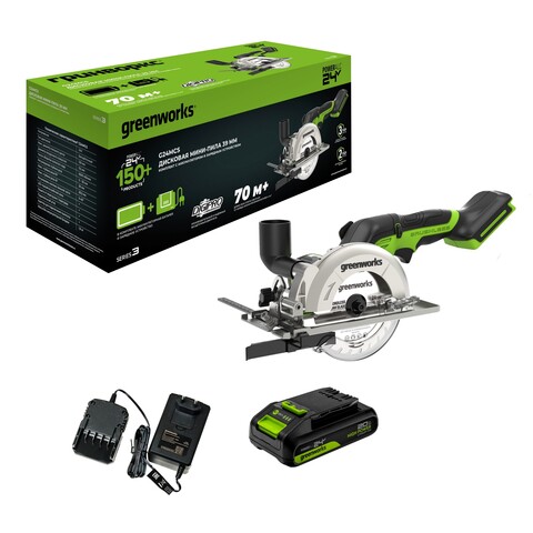 Дисковая мини пила акк. Greenworks G24MCS, 24V,б/щет,120x9,5мм, 6500 об/мин, рез 39мм,1х2Ач,ЗУ,кор (1501207CUA)