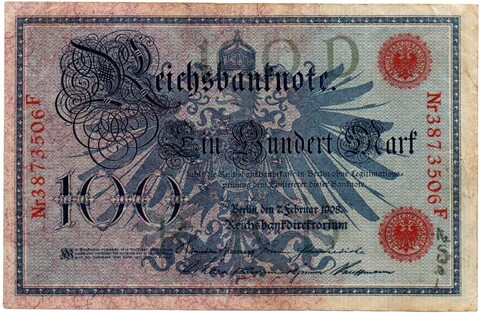 Банкнота 100 марок 1908 год Германская Империя - красные печати