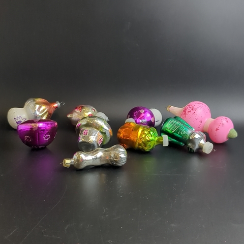 Ёлочные игрушки набор из 9 разных чипполино, рыбка, домик, грибок, кузнечик и др, стекло, роспись, узоры, подвесные, винтаж СССР 1960-1990 гг