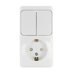 Schneider Electric ЭТЮД Белый Блок: Розетка с заземляющими контактами со шторками + выключатель 2-клавишный открытая установка BPA16-202B