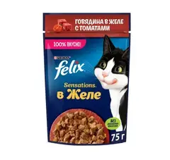 Felix Sensations пауч для взрослых кошек говядина,томат кусочки в желе 75 г