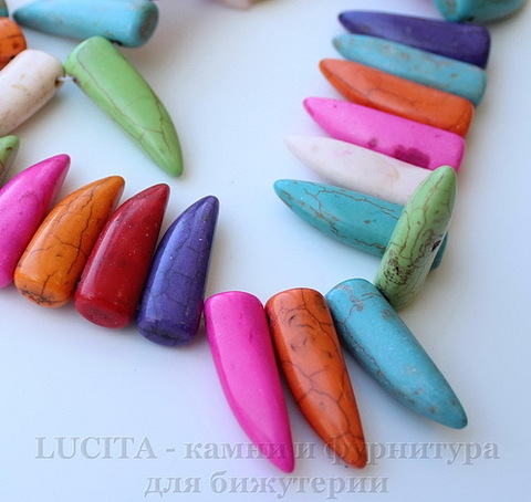 Бусина Бирюза (искусств, тониров), "Клык", цвет - микс, 30х10х8 мм, нить
