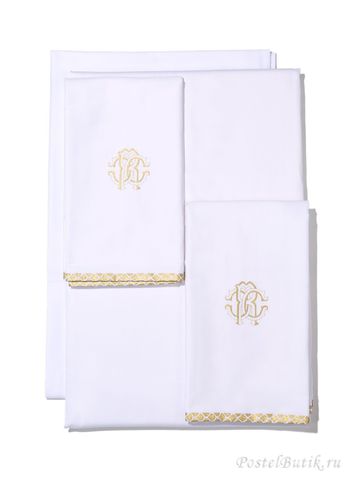 Постельное белье 2 спальное евро Roberto Cavalli Gold белое