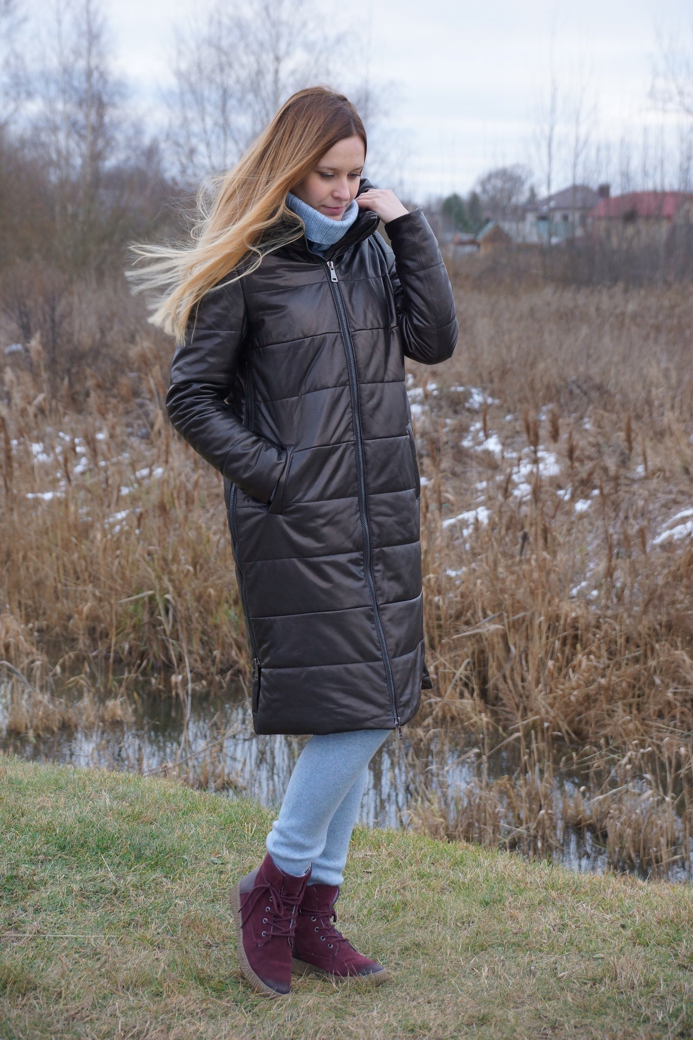 Кожаное пальто зимнее New Style