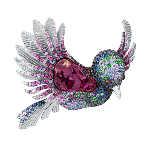 Брошь Колибри с Турмалином, Цветными Сапфирами, Рубинами, Цаворитами и Бриллиантами, Brs0075-0/2
