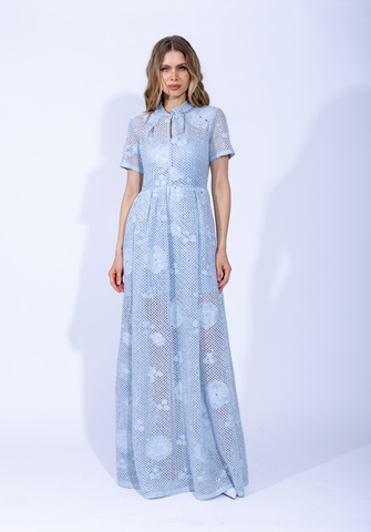 Женское дизайнерское платье голубого цвета с коротким рукавом