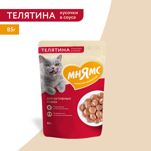 Влажный корм Мнямс На каждый день Кусочки в соусе с телятиной для активных кошек 85 г