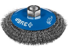 ЗУБР 125 мм, витая, стальная проволока 0.3 мм, коническая щетка-крацовка для УШМ, Профессионал (35265-125)