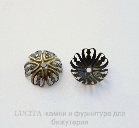 Шапочка для бусины ажурная (цвет - античная бронза) 13х5 мм, 10 штук