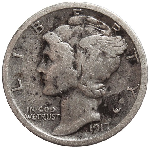 1 дайм (10 центов) 1917 г. США (S) Серебро (Меркурий) F-