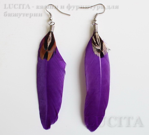 Серьги с перьями , цвет швенз - никель , цвет пера - фиолетовый (с тигровыми вставками) ()