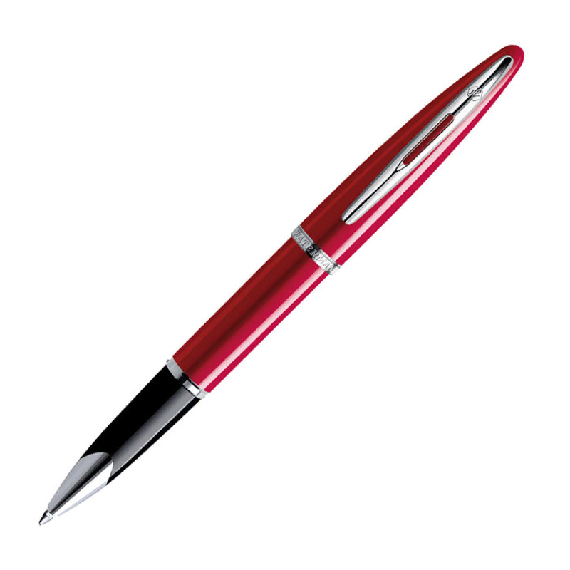 Роллерная ручка Waterman Carene Glossy Red Lacquer ST, корпус и колпачок - лаковые, насыщенного красного цвета, детали дизайна - палладиевое покрытие, линия письма - тонкая.