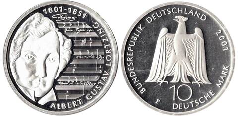 10 марок. 250 лет со дня рождения Альберта Лорцинга (F). Серебро. 2001 г. PROOF