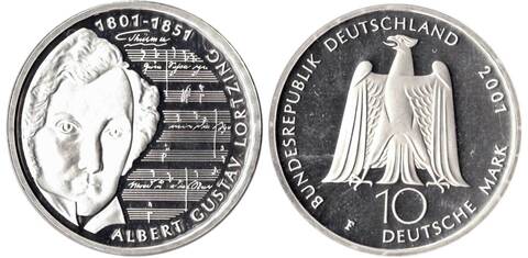10 марок. 250 лет со дня рождения Альберта Лорцинга (F). Серебро. 2001 г. PROOF