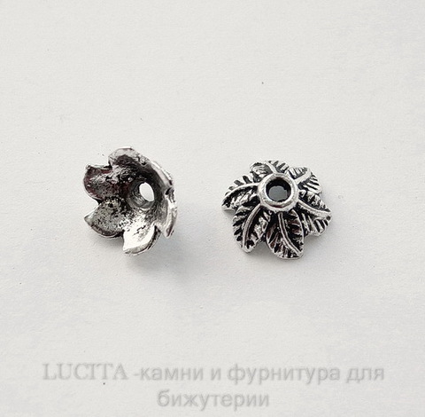Шапочка для бусины "6 листиков" (цвет - античное серебро) 11х5 мм, 10 штук ()