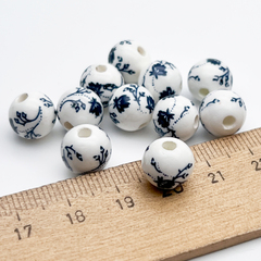 Бусины Шар с цветами, керамика, цвет темно-синий, размер около 10 мм, цена за 1 шт