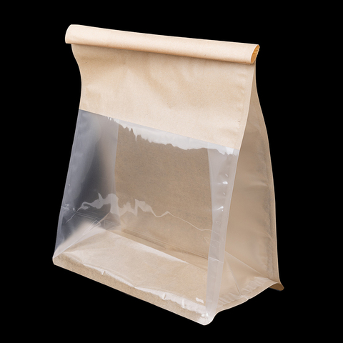 Пакет с прямоугольным дном 20,5*21*10 см с окном и зажимом, крафт
