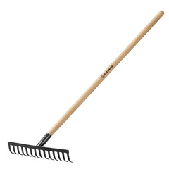 GRINDA GT-14 WOOD, 360 х 80 х 1300 мм, 14 прямых зубцов, углерод. сталь, антикор. покрытие, черенок дерев. высш. сорт, садовые грабли (39583-14)