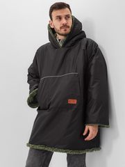 Худи мужское непромокаемое оверсайз на меху из натуральной овечьей шерсти, верх дьюспо черный