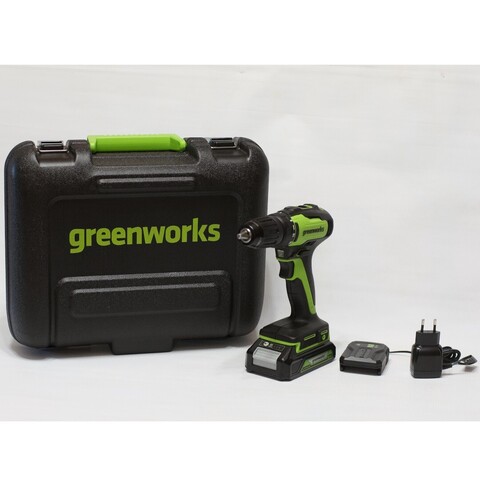 Дрель-шуруповерт Greenworks GD24DD35k2, 24v, 35 Нм, в комплекте АКБ 2 А·ч и ЗУ (аккумуляторная, кейс)