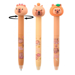 Ручка гелевая, пиши-стирай, автоматическая, Basir, синие чернила, серия "Капибара", с фигуркой на корпусе, поворотный механизм