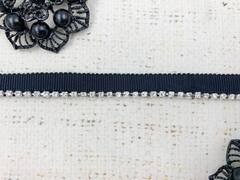 Кант на репсовой ленте со стразами, ш. 1 см, стразы 3 мм, чёрный с серебром