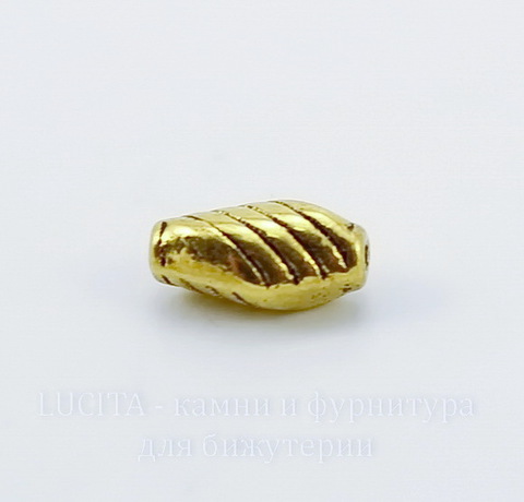 Бусина металлическая "Полосатая" 10х6 мм (цвет - античное золото), 10 штук