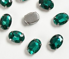 Стразы пришивные стекло в оправе, р. 14х10 мм, изумрудный