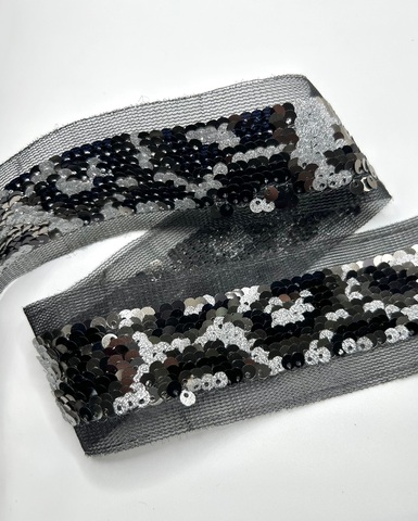 Тесьма-сетка с вышивкой пайетками, цвет: серебро/чёрный, 35мм