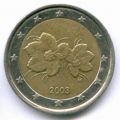 2 евро 2003 год. Финляндия. Регулярный выпуск. Тип 1. Биметалл VF
