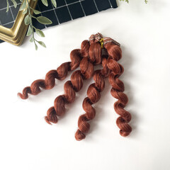 Волосы для кукол, трессы кудри-локоны-спиральки, рыжий каштан, длина 15 см*1 метр., набор 2 шт.