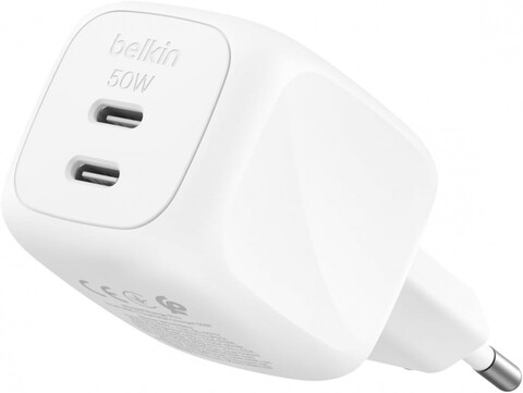 Зарядка Belkin BoostCharge Pro 2*USB-C Wall Charger GaN 50W With PPS, белый