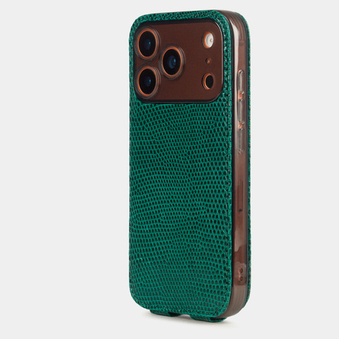 Кожаный чехол для iPhone 17 Pro, ящерица зеленого цвета