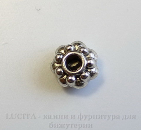 Бусина металлическая - рондель "Цветок" 7х5 мм (цвет - античное серебро), 10 штук