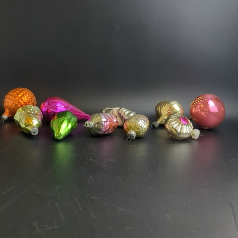 Ёлочные игрушки набор из 10 разных крокодил Гена, клубничка, перец, шарики и др, стекло, роспись, узоры, подвесные, винтаж СССР 1960-1990 гг