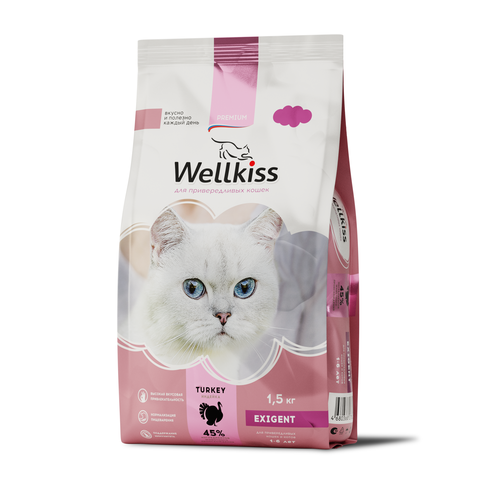 Wellkiss Adult Exigent Корм сухой для привередливых кошек с индейкой, 1,5 кг (Россия)