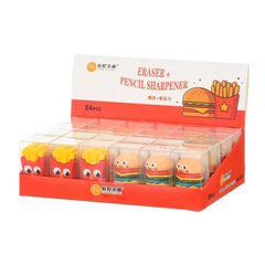 
          Точилка с ластиком Basir, одинарная, серия "Фаст-Фуд", корпус в форме картошки фри и гамбургера