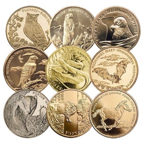 Польша. Набор "Животные". 2005-2014. 9 монет. UNC
