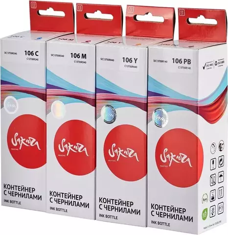 Набор чернил Sakura SIC13T00RBA (106 PB/С/M/Y) для Epson EcoTank ET-7700/7750; L7160/L7180, водорастворимый тип,  (фото-черный, голубой, пурпурный, желтый), 4 шт в наборе.