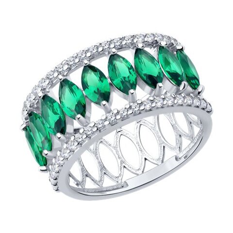Кольцо-дорожка из серебра с фианитами цвета изумруд в огранке маркиз